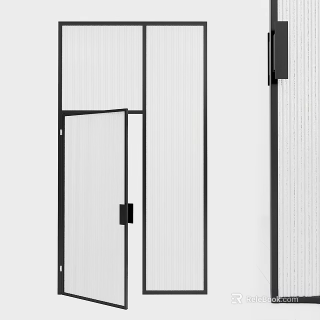 Modern Interior Hinged Door With Black Frame And Ribbed Glass Panel 3d model