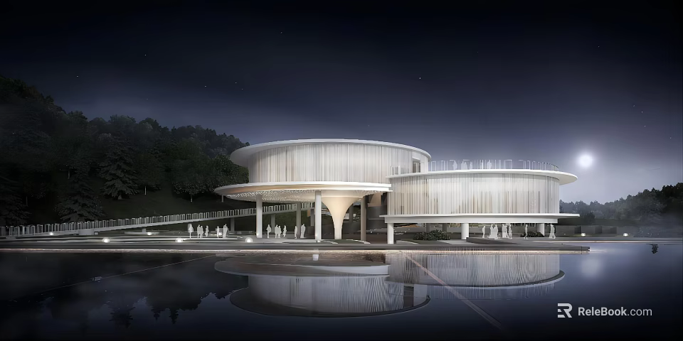 Modern Sales Office Building with Circular White Exterior Water Reflection in Starry Night and Trees 3d model 