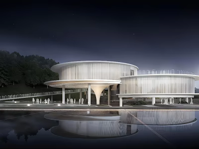 Modern Sales Office Building with Circular White Exterior Water Reflection in Starry Night and Trees 3d model