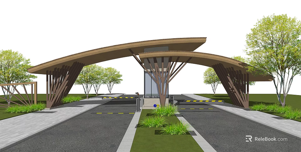 Modern Wooden Entrance Gate with Curved Canopy Design Surrounded by Trees and Landscaped Lawn 3d model 