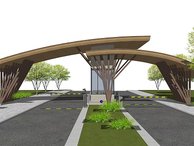 Modern Wooden Entrance Gate with Curved Canopy Design Surrounded by Trees and Landscaped Lawn 3d model