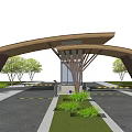 Modern Wooden Entrance Gate with Curved Canopy Design Surrounded by Trees and Landscaped Lawn