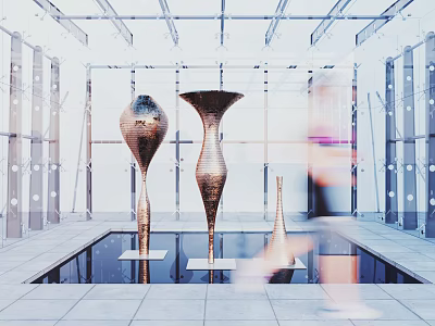 Modern Metal Sculptures in Water Pool with Passersby in Contemporary Space 3d model