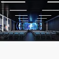 Modern Computer Classroom with Neatly Arranged Desks Chairs Long Strip Ceiling Lights and Wall Posters