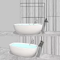 Freestanding White Bathtub With Light Blue Water Black Metal Faucet And Gray Wood Grain Wall