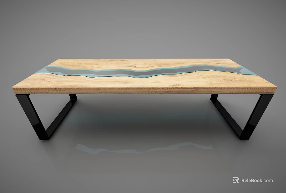 Wooden Dining Table With Blue Wavy Resin Inlay And Black Metal Legs 3d model 