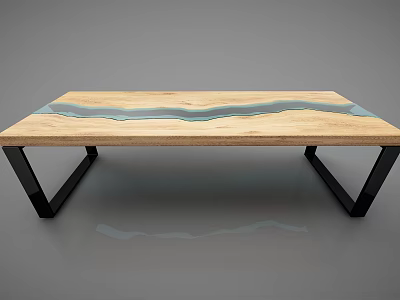 Wooden Dining Table With Blue Wavy Resin Inlay And Black Metal Legs 3d model