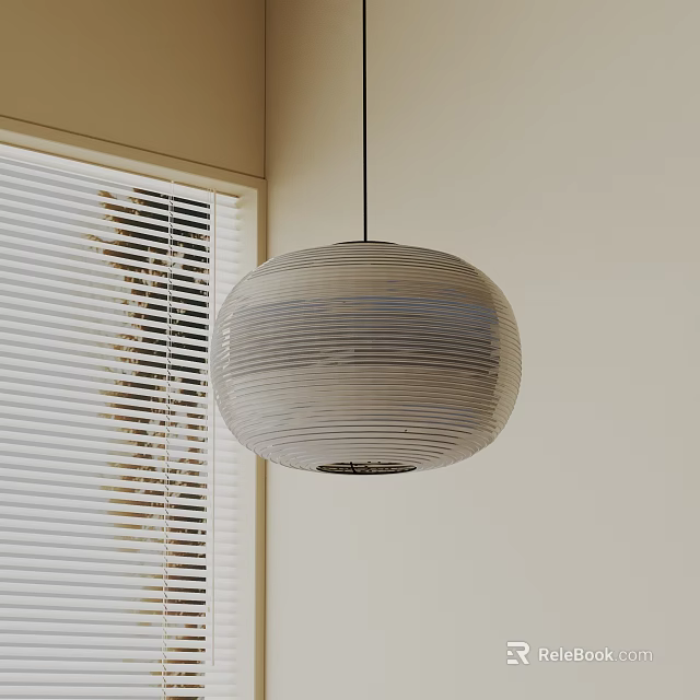 Modern Round Striped Pendant Light Hanging By Window With Light Colored Wall 3d model 