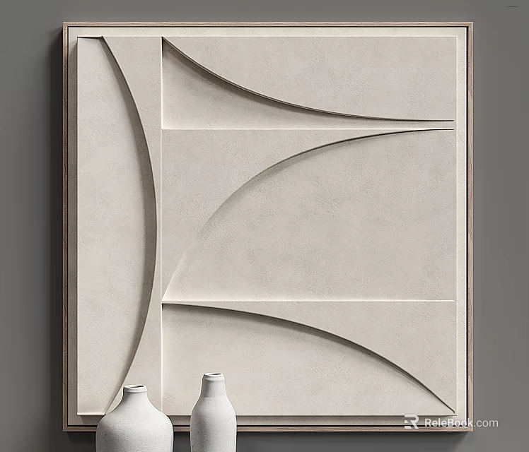 Modern Geometric Relief Wall Decor with Curved Patterns and White Vases 3d model 