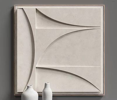 Modern Geometric Relief Wall Decor with Curved Patterns and White Vases 3d model