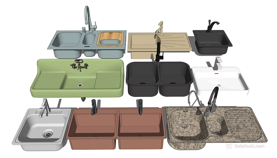 Various Kitchen Sinks with Different Colors Materials and Double Single Bowl Designs 3d model