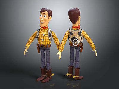 Woody Cowboy Toy Front And Back Views With Plaid Shirt Jeans Boots And Holster 3d model