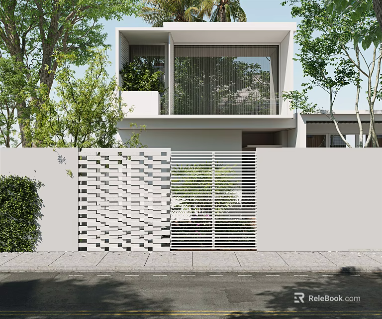 Modern Single Family House Exterior Design With White Facade Lush Greenery And Patterned Fence Gate 3d model 