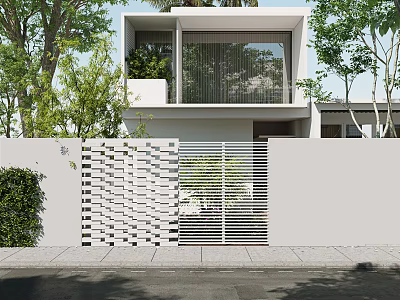 Modern Single Family House Exterior Design With White Facade Lush Greenery And Patterned Fence Gate 3d model