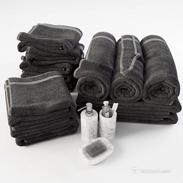 Daily Wash Essentials Featuring Stacked Rolled Bath Towels Toiletries And Soap Dish 3d model 