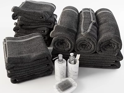 Daily Wash Essentials Featuring Stacked Rolled Bath Towels Toiletries And Soap Dish 3d model