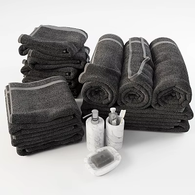 Daily Wash Essentials Featuring Stacked Rolled Bath Towels Toiletries And Soap Dish 3d model