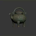 Ancient Bronze Sculpture With Lid Handle Three Legs And Green Patina Decorations