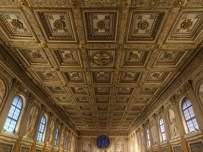 European Architecture Interior With Ornate Ceiling Golden Decorations Murals And Arched Windows 3d model