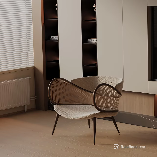 Modern Lounge Chair With Rattan Frame And Beige Upholstered Seat Beside Bookshelf And Window Blinds 3d model 