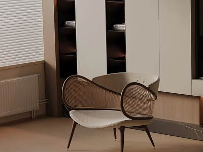 Modern Lounge Chair With Rattan Frame And Beige Upholstered Seat Beside Bookshelf And Window Blinds 3d model