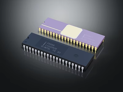 Purple and Black Integrated Circuits with Gold Pins and Labeled Packages 3d model