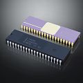 Purple and Black Integrated Circuits with Gold Pins and Labeled Packages