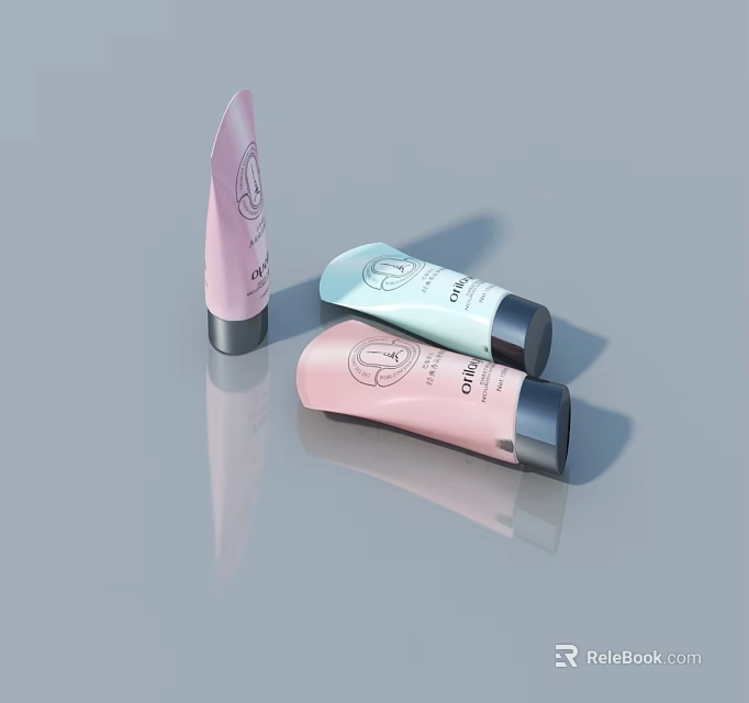 Pastel Colored Skincare Tubes With Silver Caps On Gray Reflective Background 3d model 