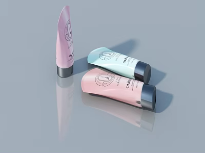 Pastel Colored Skincare Tubes With Silver Caps On Gray Reflective Background 3d model