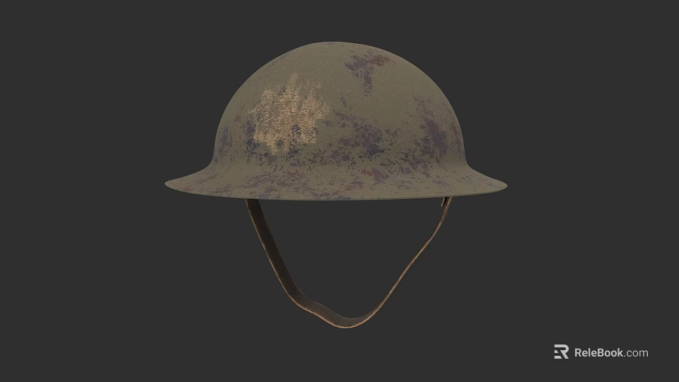 Vintage Military Helmet In Gray Green With Purple Stains And Leather Chin Strap 3d model 