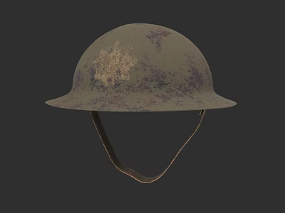 Vintage Military Helmet In Gray Green With Purple Stains And Leather Chin Strap 3d model