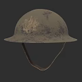 Vintage Military Helmet In Gray Green With Purple Stains And Leather Chin Strap