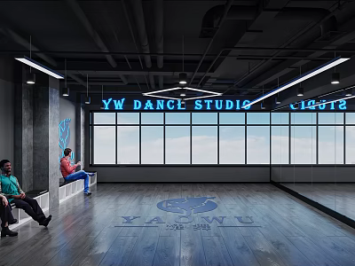 YW Dance Studio Fitness Workout Space With Large Windows Wooden Floor And Logo 3d model