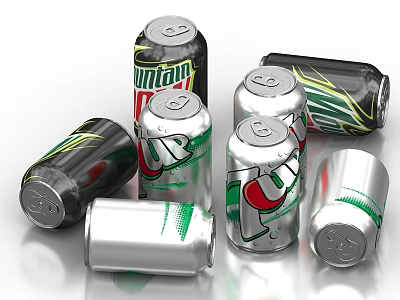 Colorful Assorted Soft Drink Cans Featuring Mountain Dew And 7UP Labels 3d model