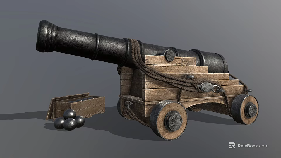 Ancient Iron Cannon With Wooden Carriage Wheels And Cannonballs Near Wooden Box 3d model 
