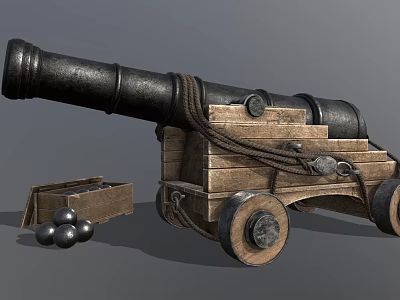 Ancient Iron Cannon With Wooden Carriage Wheels And Cannonballs Near Wooden Box 3d model