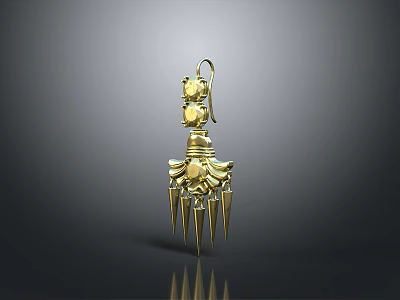 Elegant Golden Decorative Earring With Shiny Gemstones And Spiked Tassel Design 3d model