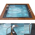 Modern Swimming Pool Area With Clear Blue Water Metal Handrails And Black Deck