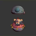Cute Character And Pink Creature With Blue Planet Hat Yellow Feet And Red Decoration