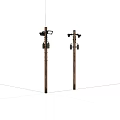 Two Brown Utility Poles With Lamps And Equipment On White Background