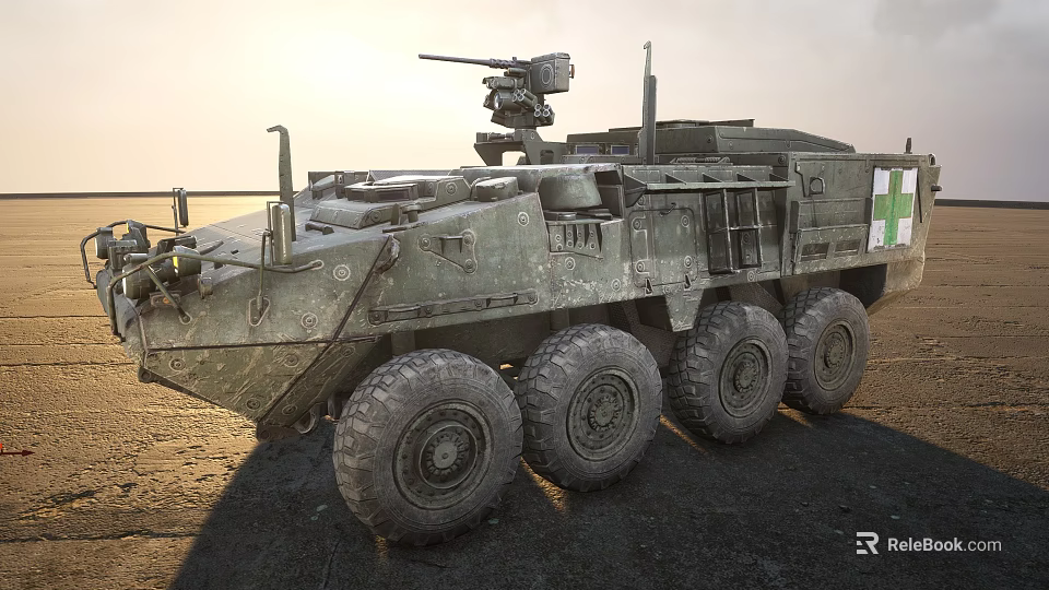 Sunlit Military Wheeled Tank With Green Camouflage And Top Mounted Machine Gun On Sandy Ground 3d model 