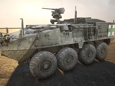 Sunlit Military Wheeled Tank With Green Camouflage And Top Mounted Machine Gun On Sandy Ground 3d model