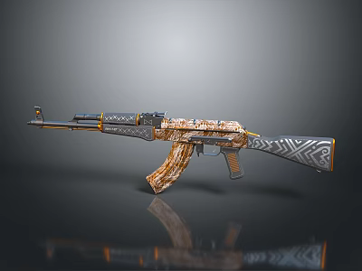 Artistically Carved Rifle with Wooden Stock Intricate Metal Details and Decorative Patterns 3d model