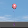 Pink Balloon With Purple Curly String Against Light Blue Background And Shadow