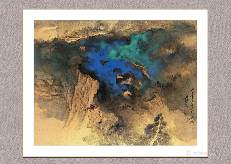 Traditional Chinese Ink Wash Landscape Painting With Blue Green Water And Mountain Scenery 3d model 
