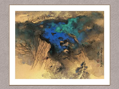 Traditional Chinese Ink Wash Landscape Painting With Blue Green Water And Mountain Scenery 3d model
