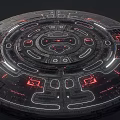 Futuristic Disk Structure With Red And White Glowing Lines And Complex Illuminated Patterns