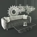 Modern Light Gray Three Seater Sofa With Gold Coffee Table And Sunburst Mirror Decor