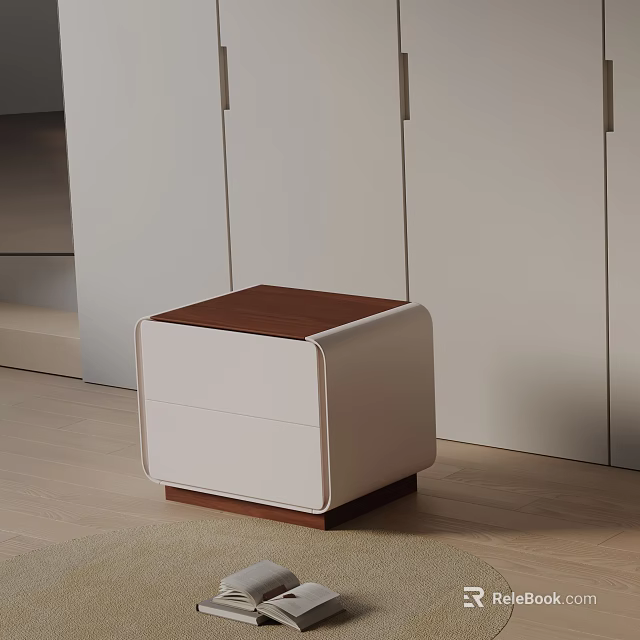 Stylish White Side Table With Brown Wooden Tabletop On Light Wood Floor And White Cabinets 3d model 