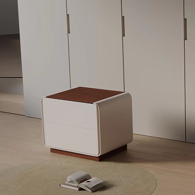 Stylish White Side Table With Brown Wooden Tabletop On Light Wood Floor And White Cabinets 3d model